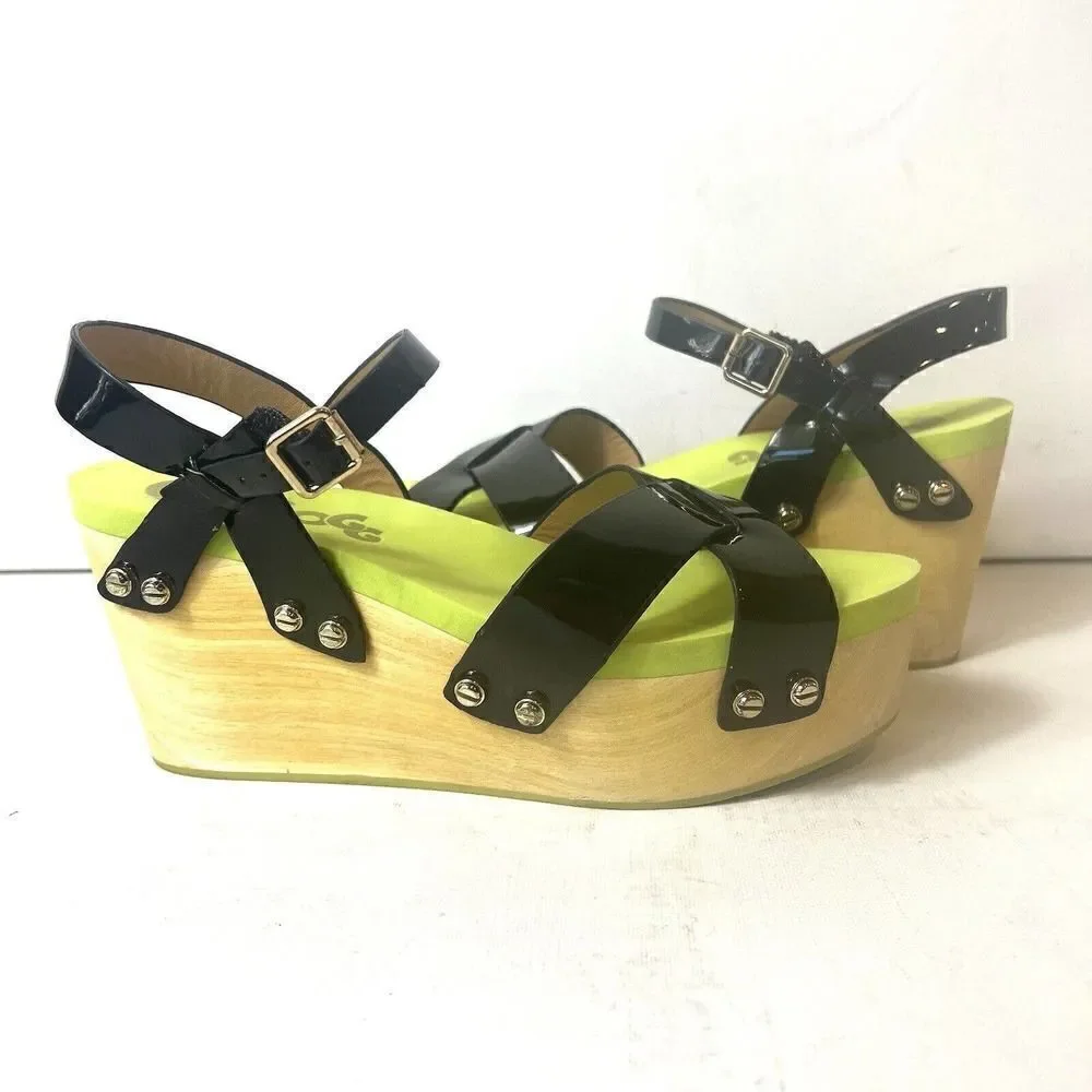 Flogg Glossy Black Neon Green Open Toe Ankle Strap Platform Sandals Women's Sz 7